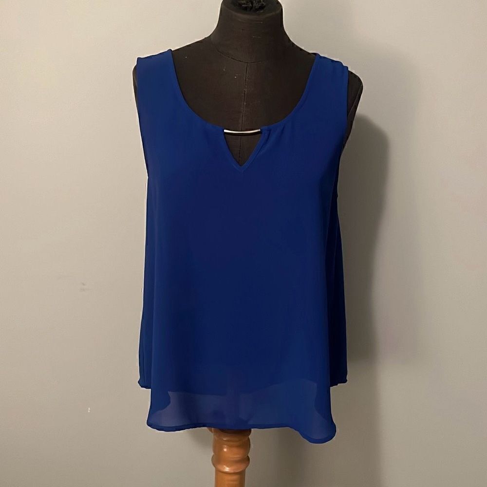 E Hanger Women's Blue  Sleeveless Triangle Keyhole Semi Sheer Blouse